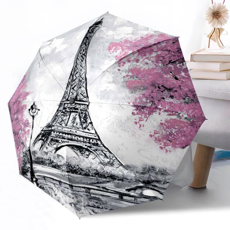 Eiffel Tower Pattern Automatic Umbrella Compact 8-Rib Design Lightweight All-Season Travel Outdoor Accessory Perfect Gift for Women Men