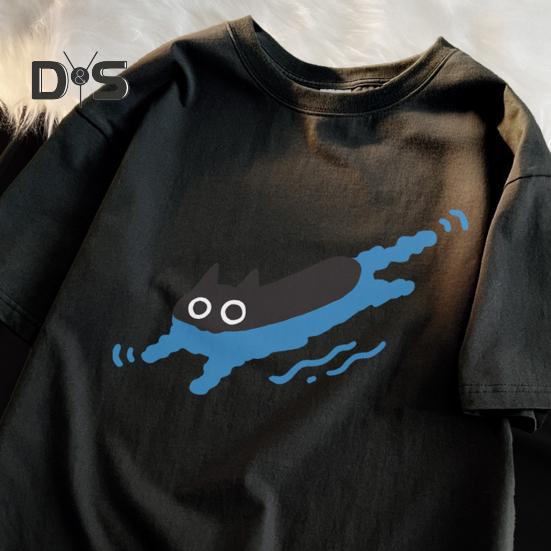 Pár Ležérní Tričko Kreslená Černá Kočka Potisk Tričko Kulatý Výstřih Volný Letní Top pro Muže Ženy Domácí Posilovna Streetové Oblečení