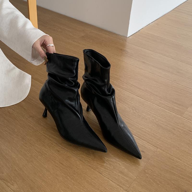 Fashion SUOJIALUN 2025 Winter New Brand Women Short Boots Fashion Pleated Pointed Toe Slip On Thin High Heel Ladies Elegant Chelsea Pump