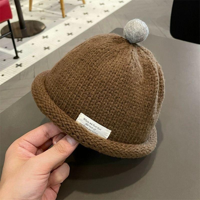 Plush Ball Kids Pullover Cap Korean Children Melon Caps Winter Warm Woolen Knit Hat Solid Color Crochet Bonnet Baby Beanies 1-6Y
