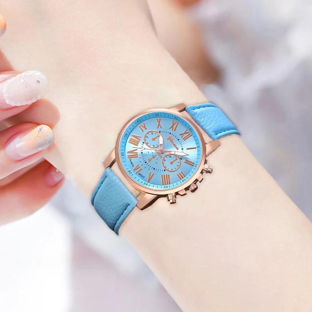 5 Stück Modische Damen-Quarzuhr Lederarmband Analoge Armbanduhren Herz Strassstein Schmuckset(Ohne Box)