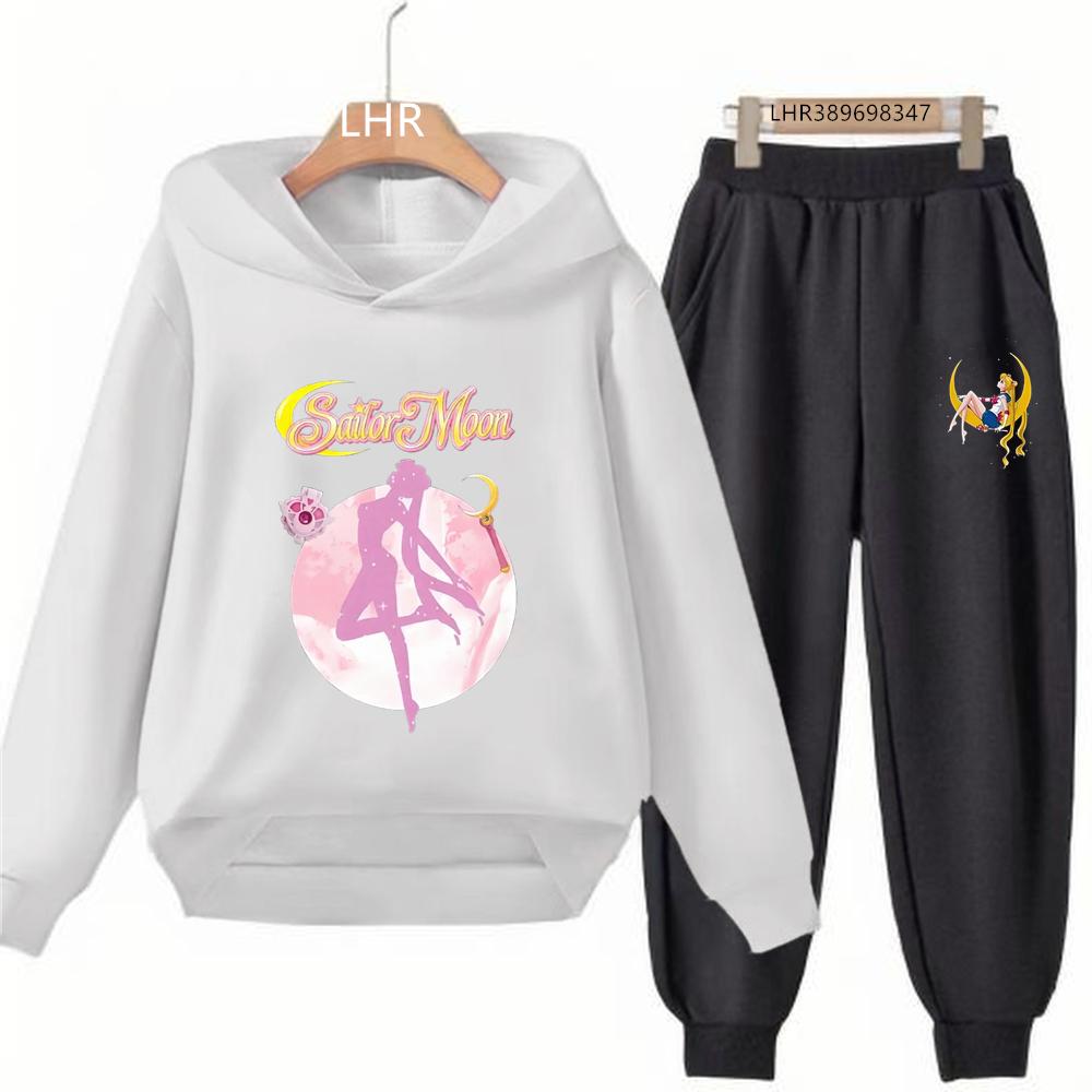 Autumn Hoodie Sailor Moon Print Kids Girl Pink 3-12 Years Sweatshirt+Trousers Sports Pullover Coat Leisure Fashion Anime Set