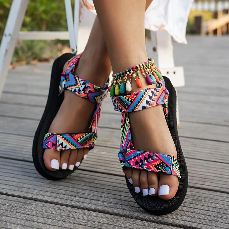 Fashion Plus Size 2025 Summer New Women's Open Toe Sandals Round Toe Mixed Colors Flat with Sandals Outdoor Daily Casual Rome Shoes