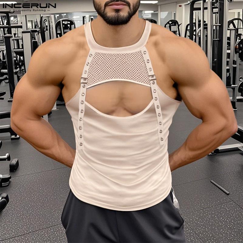 INCERUN Men Summer Strap Sleeveless Mesh Hollow Patchwork Cutout Fitted Tank Tops