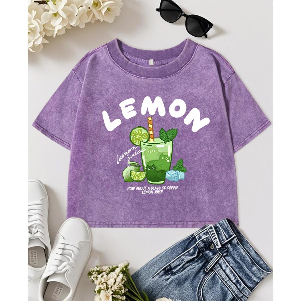 Lemon Cat Juice Print Women Washed T-Shirt Casual Multicolor T Shirts Slim Y2K Crewneck Top Cotton Crop Streetwear