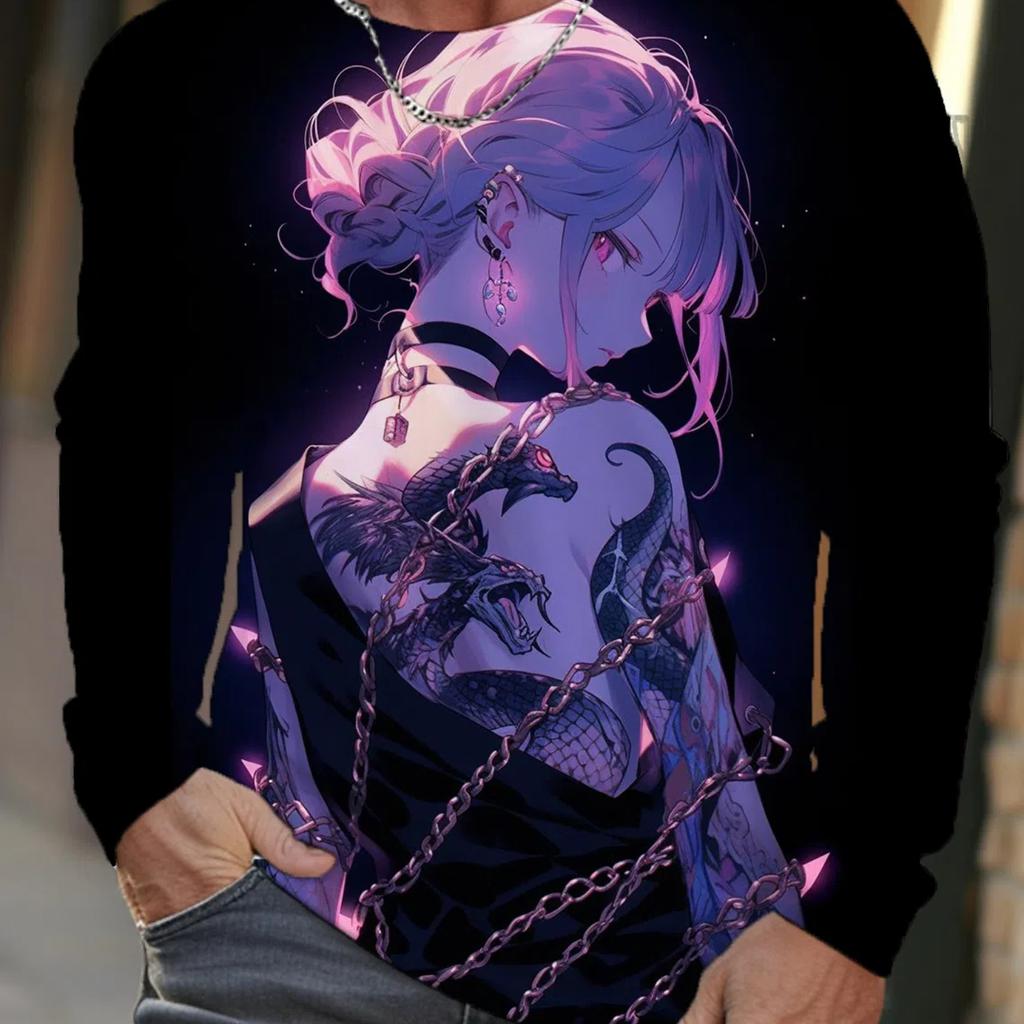 2024 New Men's Long-sleeved T-shirt 3D Printing HD Anime Tattoo Beauty Printing Men's Autumn Tops Casual Round Neck Home Clothes