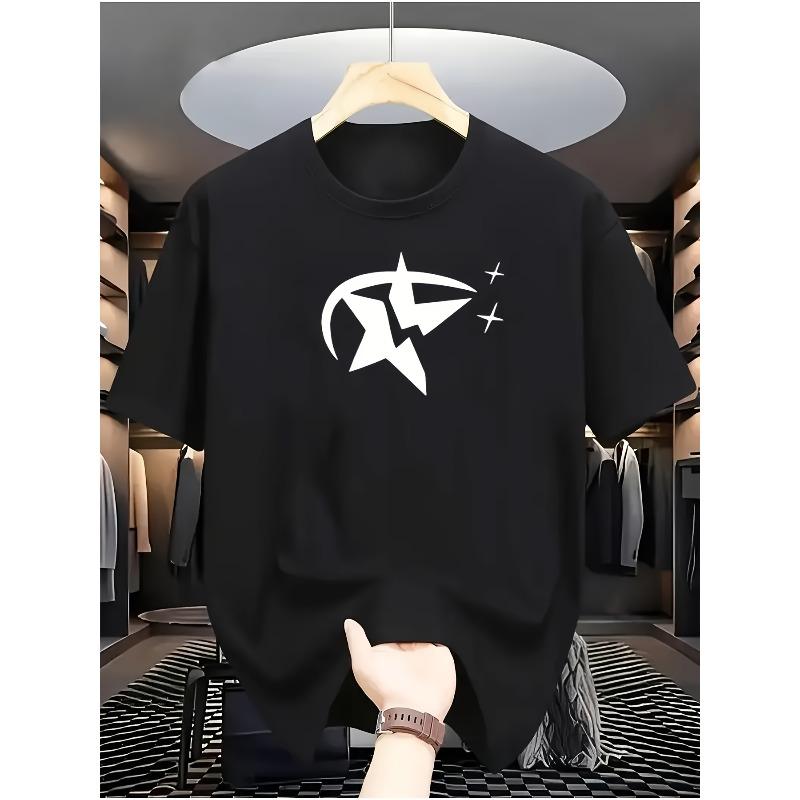 

A White Casual Short-Sleeve T-Shirt Featuring a Black Pentagram Pattern Adorned with Surrounding Elements And Small Star Accents 4XL чорний