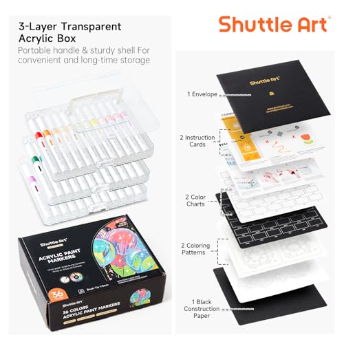 Shuttle Art Acrylic Markers, 36-Color Set, Direct-Fill Brush Tip, Water-Based, Waterproof, Quick-Drying, Light-Resistant, Acrylic Paints for Stone, Wo