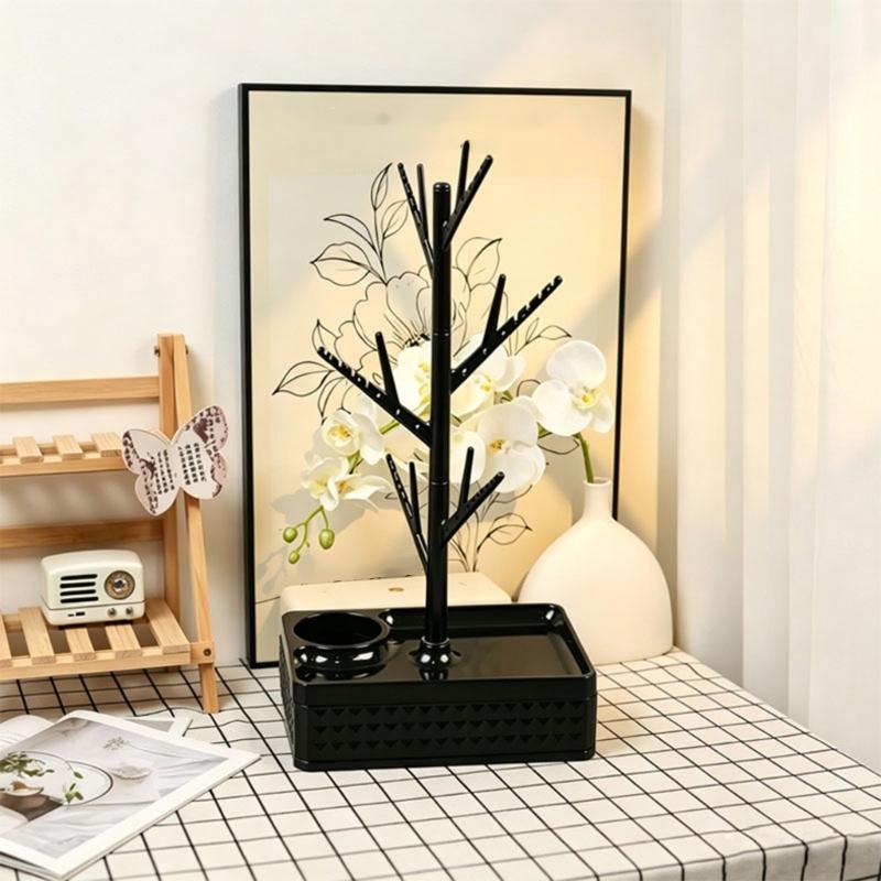 Tree Jewelry Stand for Dresser Storage with Rotating Branch Display and Bottom Tray, Daily Necklace Bracelet Holder