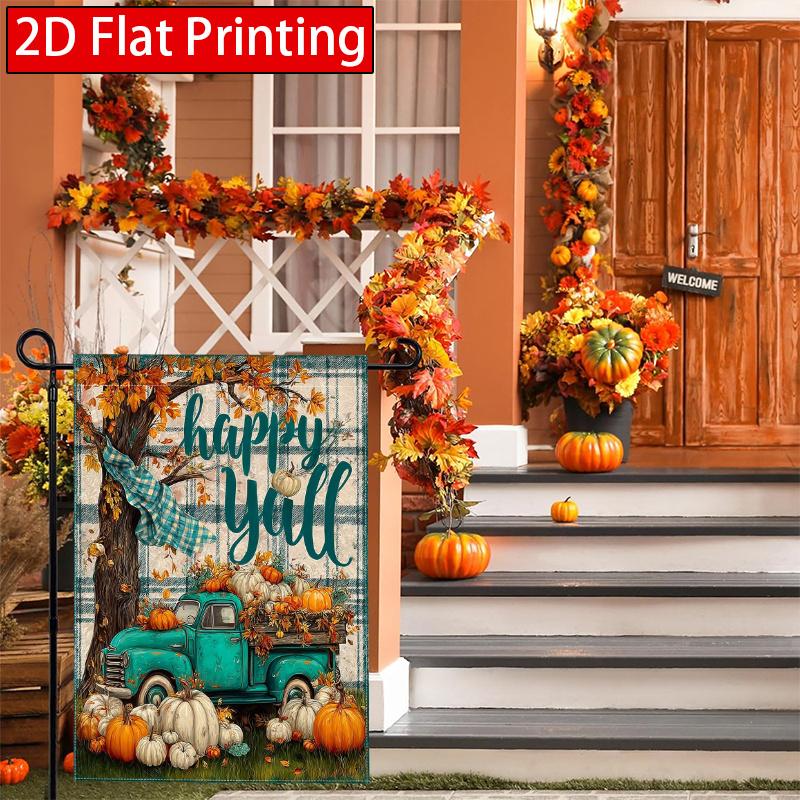 2D Flat, 2D FlatHappy Thanksgiving Autumn Pumpkin Maple Leaf Truck Garden Flag_2-28x40 Inch Outdoor Garden Flag Double-sided Home Decoration Courtyard