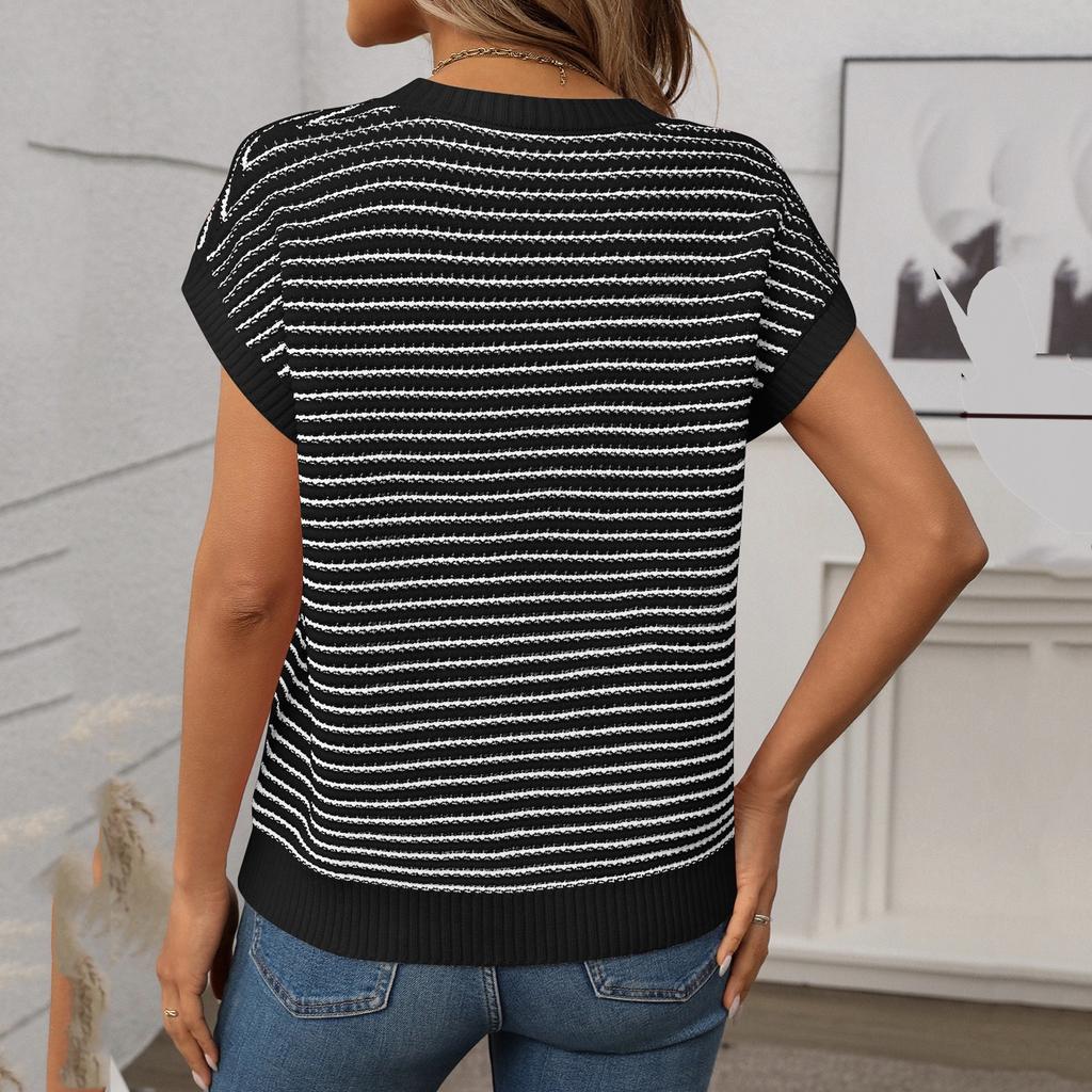 Women's Fashion Summer Round Neck Knitted Casual Striped Contrast Top
