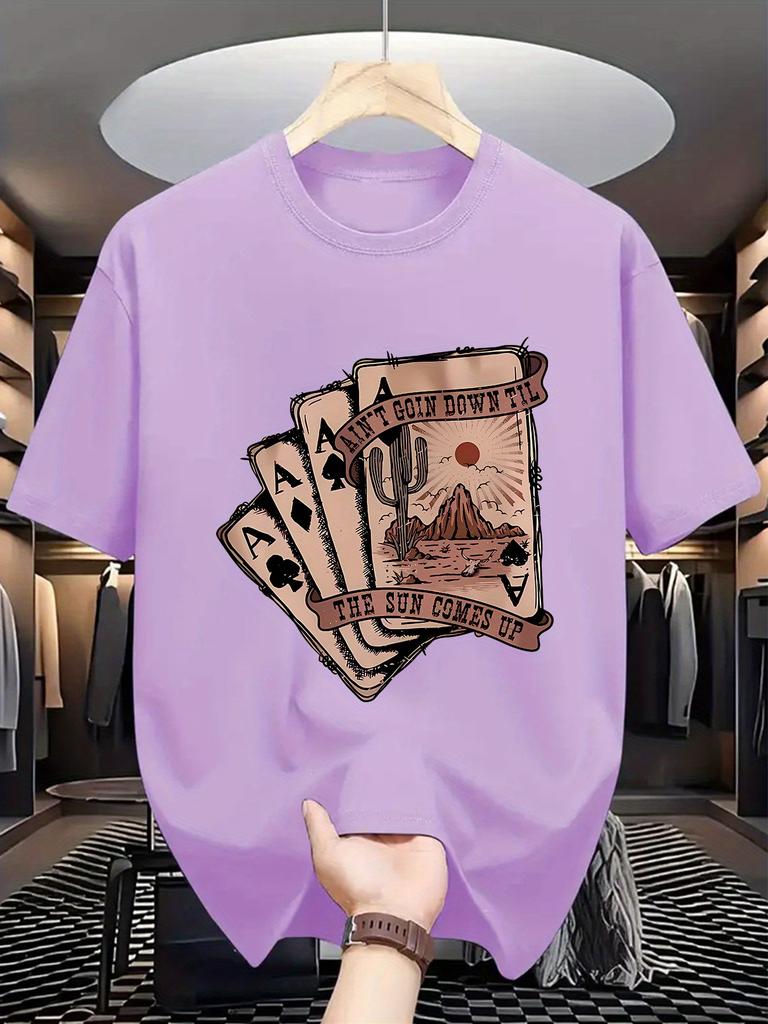 Men'S Casual Crew Neck T-Shirt with Playing Card Graphic,  Knit Fabric, Slight Stretch, Regular Fit, Summer Top for Daily Wear