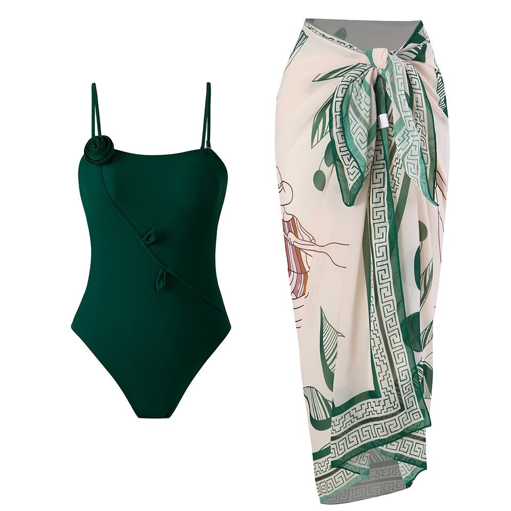 European & American One-Shoulder Split Swimsuit with Chiffon Skirt Set