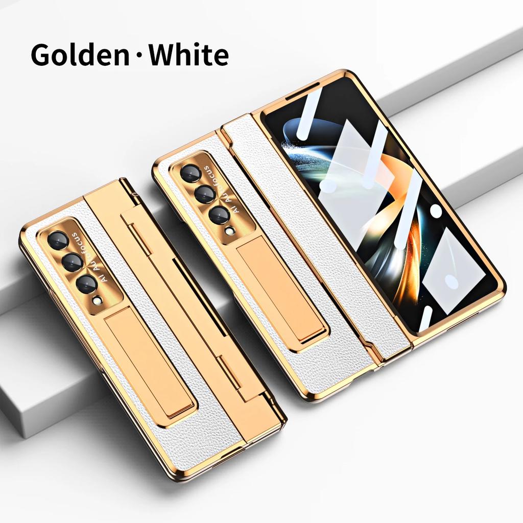 Plattande Gångjärn Enkelt Läder Fäste Fodral För Samsung Galaxy Z Fold 6 5 4 3 Med Härdat Glas Z Fold5 Fold6 Skyddsskal