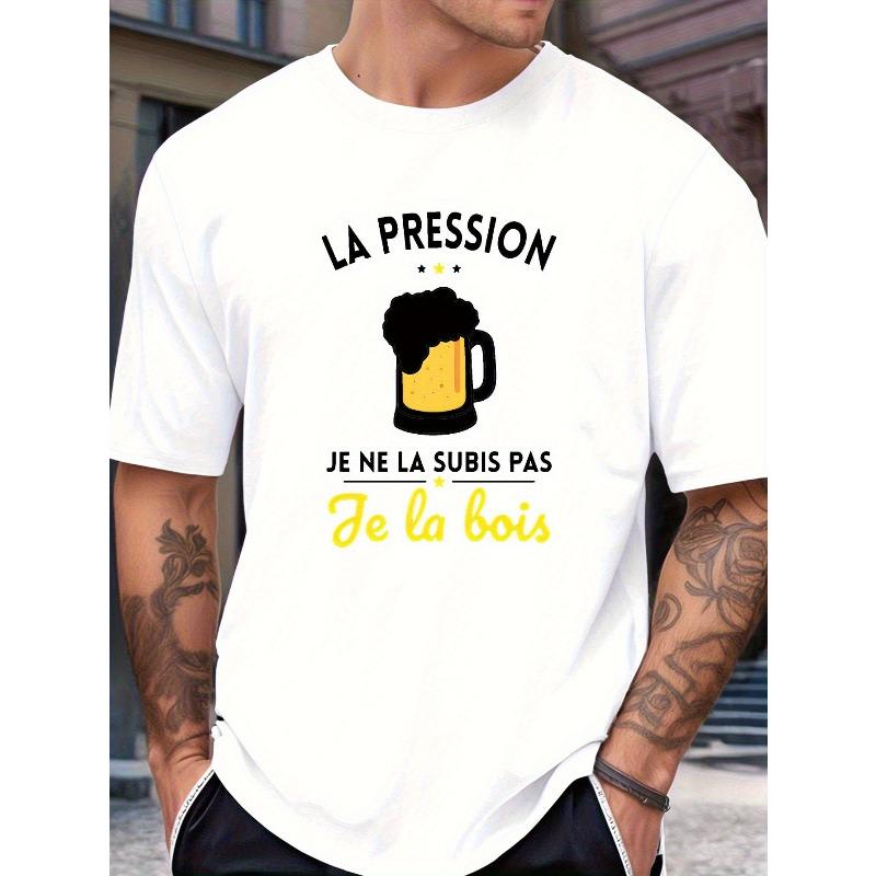 Men'S Graphic T-Shirt - "La Pression Je Ne La Subis Pas Je La Bois" Beer Mug Design, Casual Short Sleeve Round Neck Summer Tee for Outdoor Activities