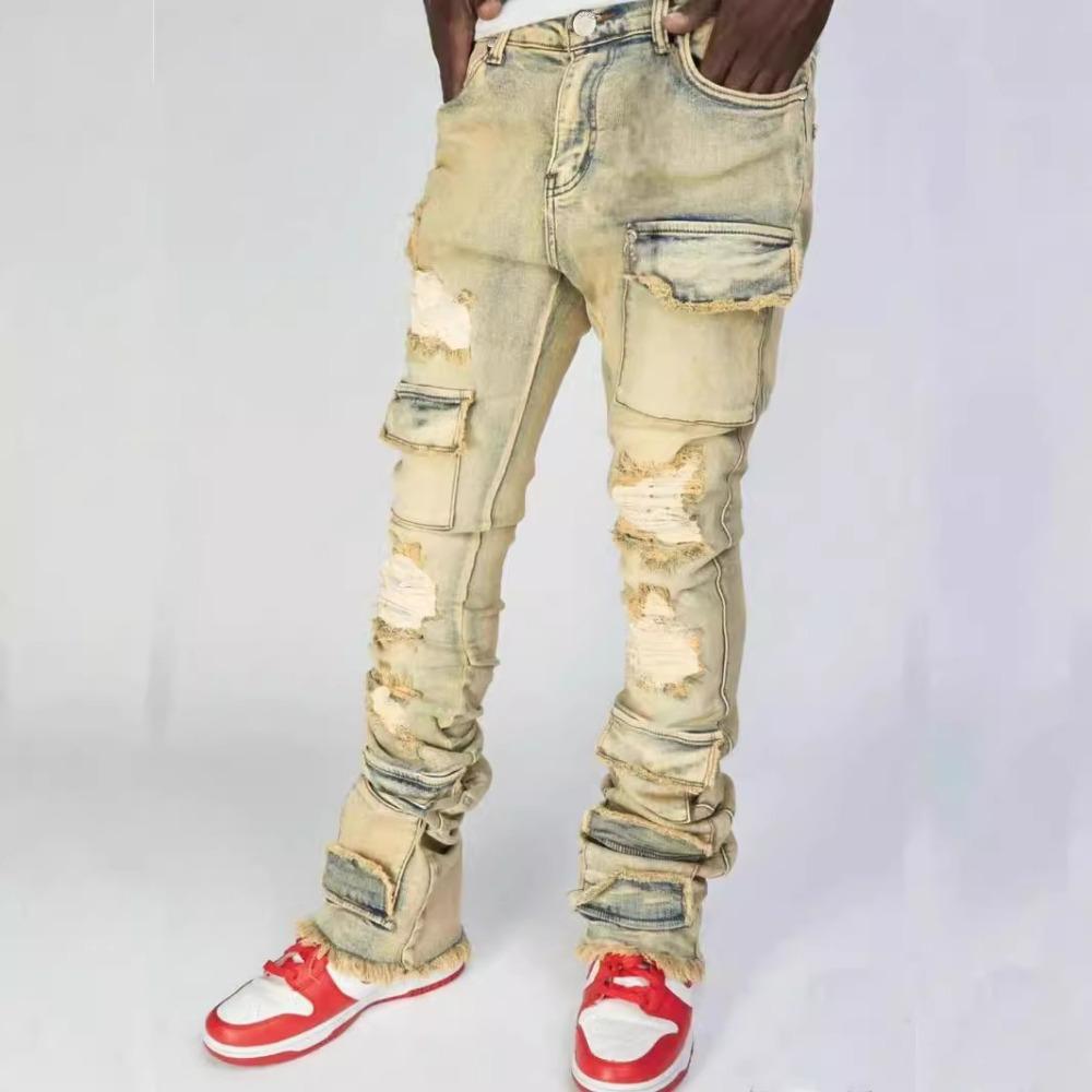 Streetwear Retro Style Men Ripped Spliced Slim Jeans Trousers Hip Hop Holes Stylish Denim Pants for Male