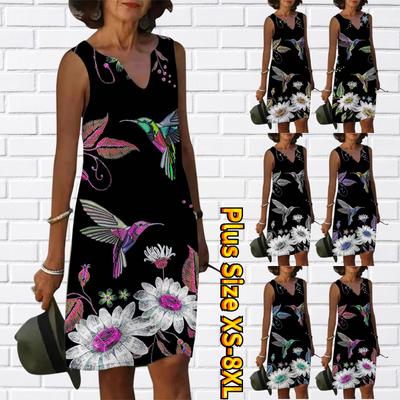 Women V Neck Summer Singing Birds and Fragrant Flowers Print Dress Casual Sleeveless Fashion Casual Loose Sexy Dresses Plus Size XS-8XL
