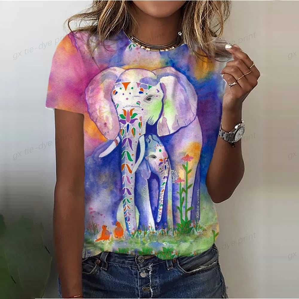 Cute Elephant Cat Pattern Women's T-shirt Fun Fashion Short Sleeve Women's 3D T-shirt Digital Printing Shirt