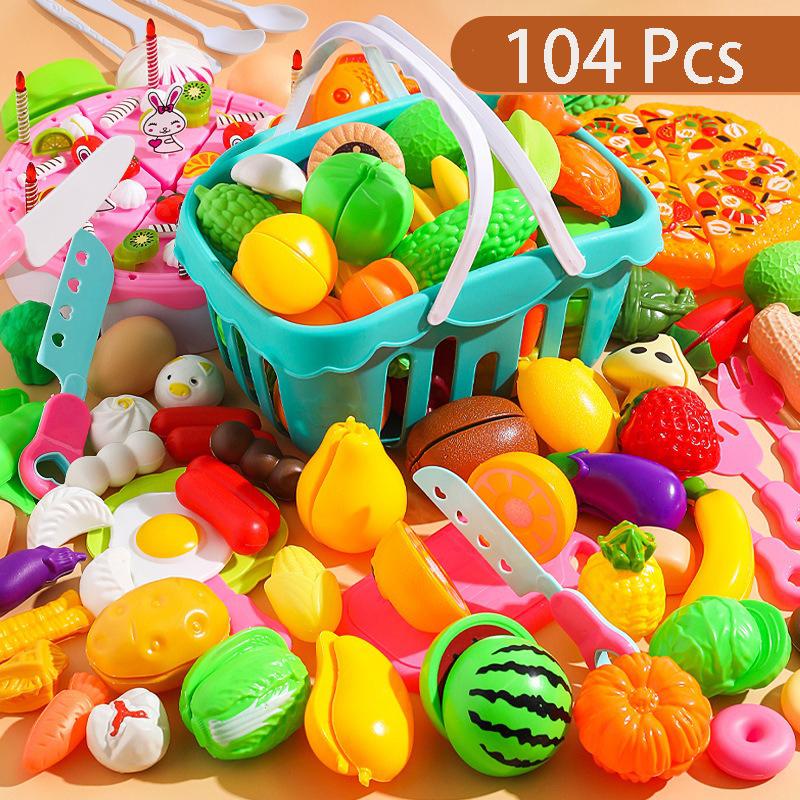 69/82/104 Pcs Play Food Set for Kids Kitchen, Pretend Food Toy for Toddlers Plastics Cutting Fake Food/ Fruit/ Vegetable Accessories