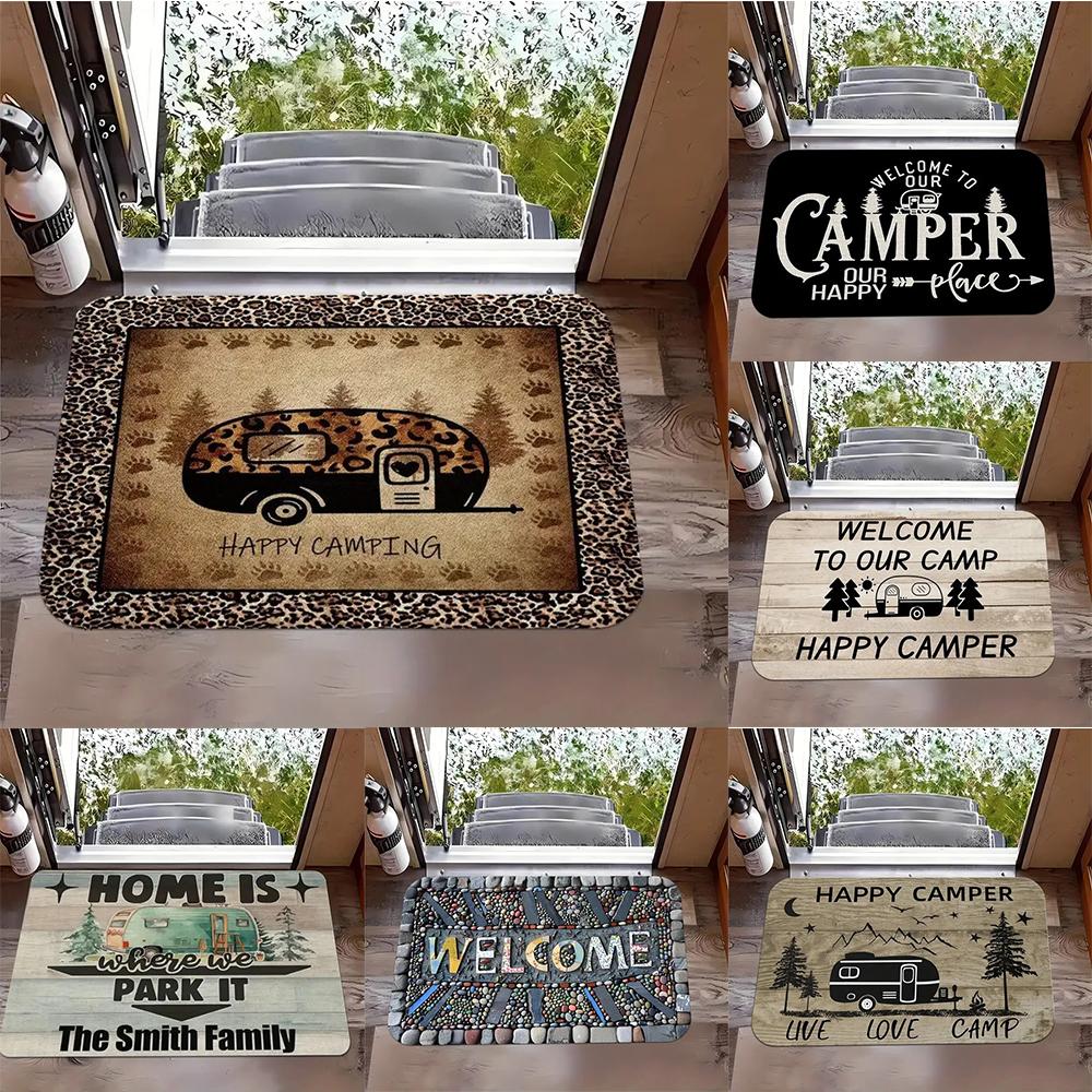Outdoor Camping Van Welcome Mat With Cheerful Camping Van Non-slip Kitchen Bathroom Entracne Rugs Living Room Washable Carpet