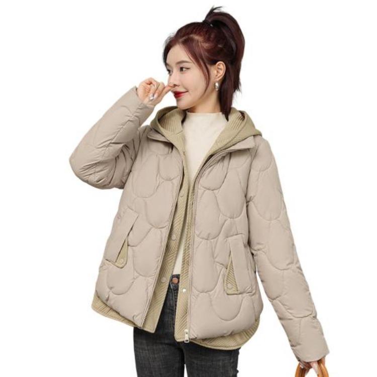 Winter Women Coat Short Thin Padded Hooded Turn Down Collar Pure Color Fake Two Piece Zipper Button Closure Down