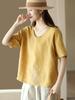 New retro cotton and linen top women's loose and thin V-neck short-sleeved jumper casual solid color T-shirt linen shirt summer