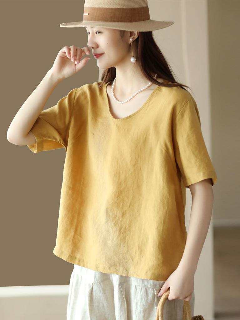 New retro cotton and linen top women's loose and thin V-neck short-sleeved jumper casual solid color T-shirt linen shirt summer