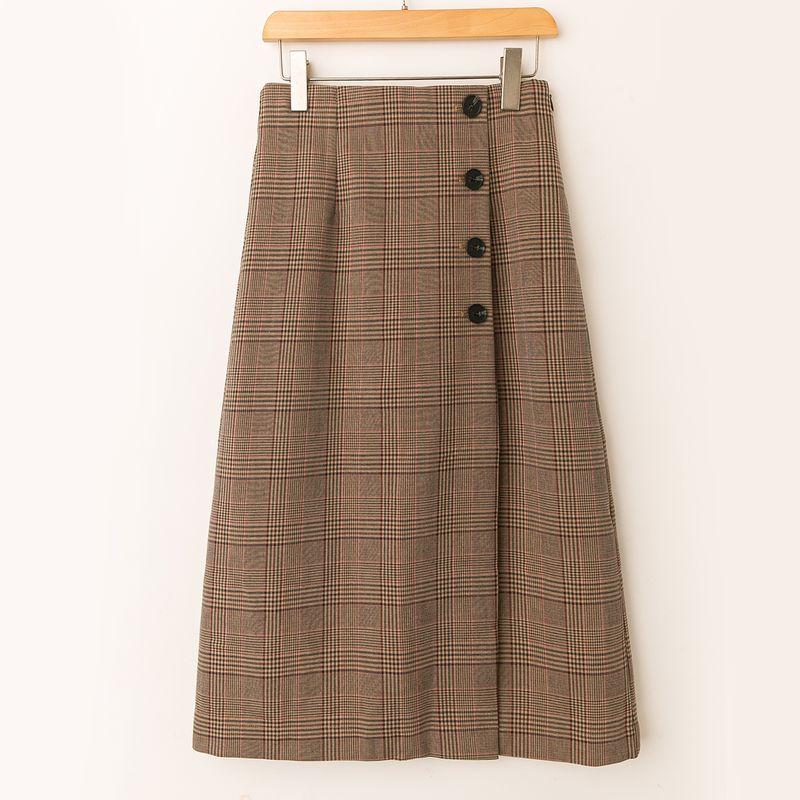 

Spring and Autumn Foreign Trade Korean Style New Elegant Senior Youth Popular Four Buttons Plaid Skirt Khakis jujube red powder lattice M