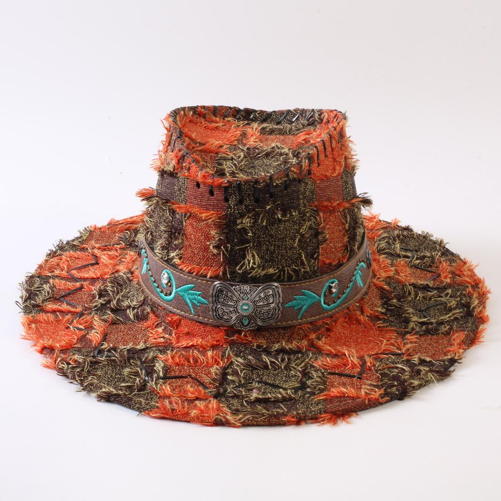 European and American Classic Retro Old Plaid Burr Jazz Hat Men's and Women's Outdoor Sunscreen Sunshade Big Eaves Western Cowboy Hat