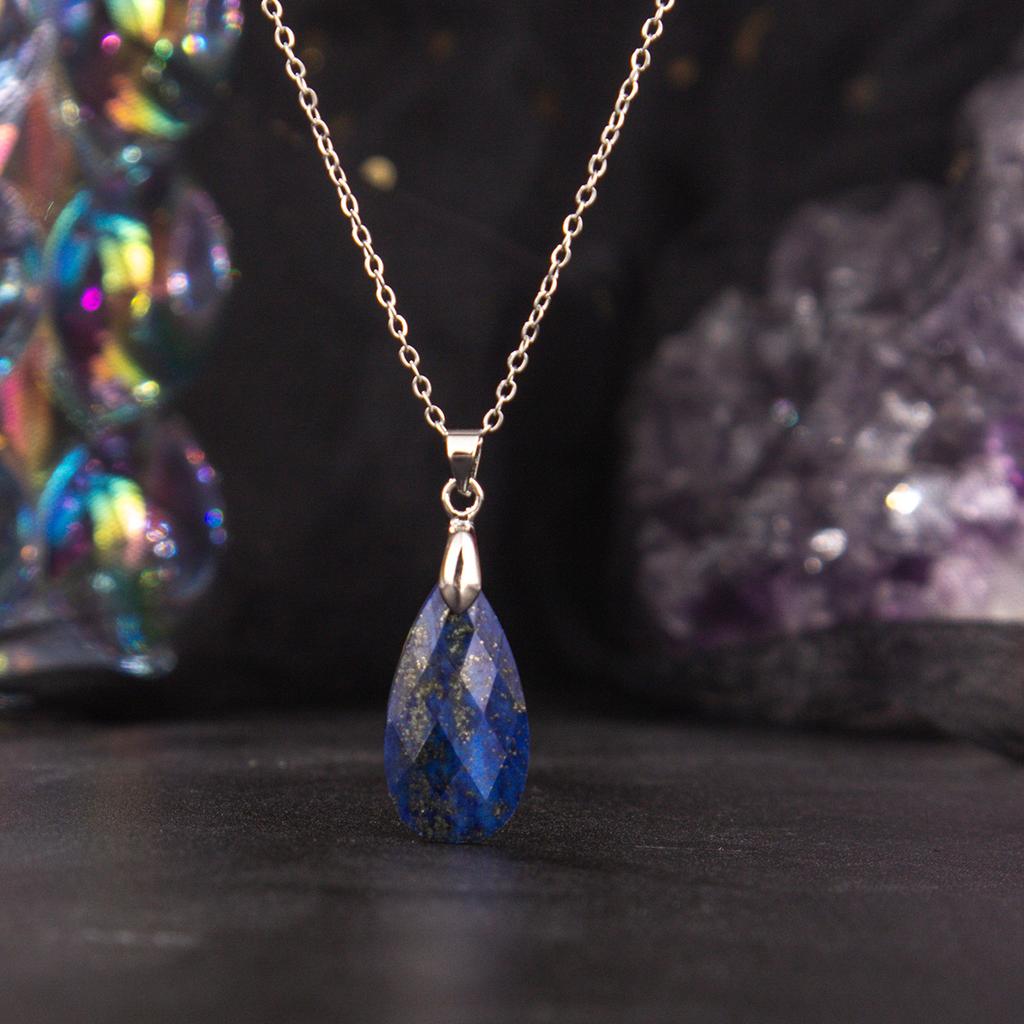 Natural Crystal Pendant, Blue Gold, Amethyst, Cut Surface, Long Water Droplet Necklace, jewelry,Christmas Gift, Valentine's Day Gift, Birthday Gift