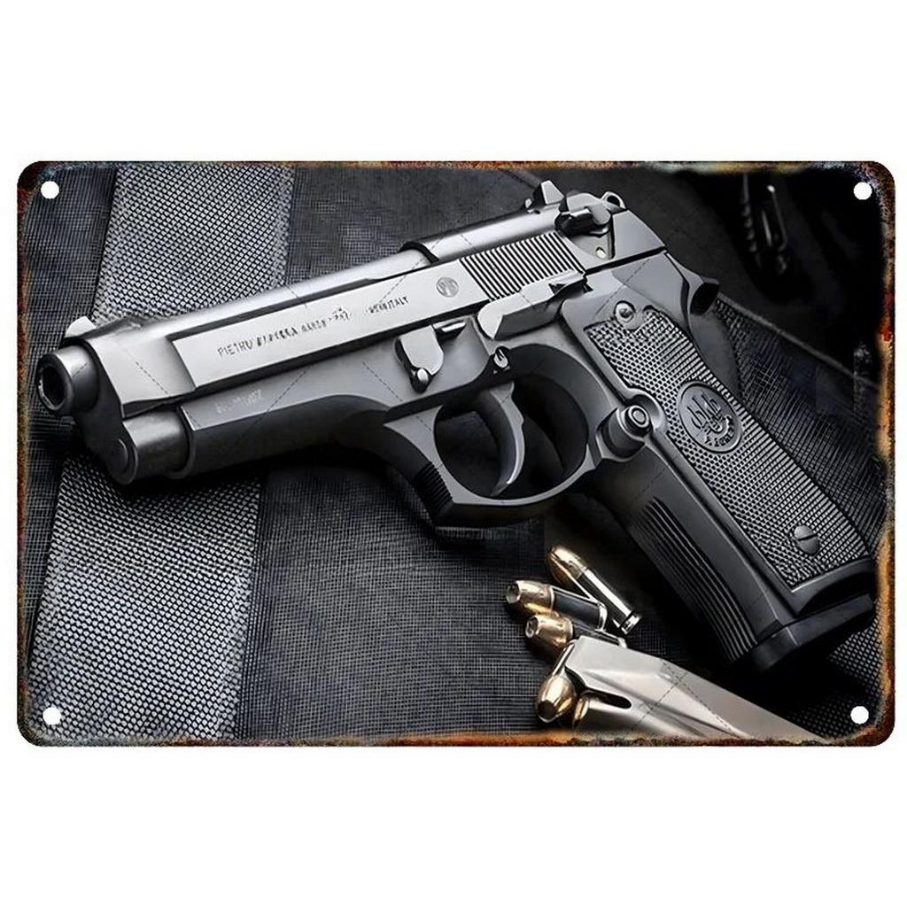 Pistol Military Plaque Metal Tin Signs Wall Decoration Vintage Art Posters Iron Painting for Man Cave Home Cafe Garden Club Bar