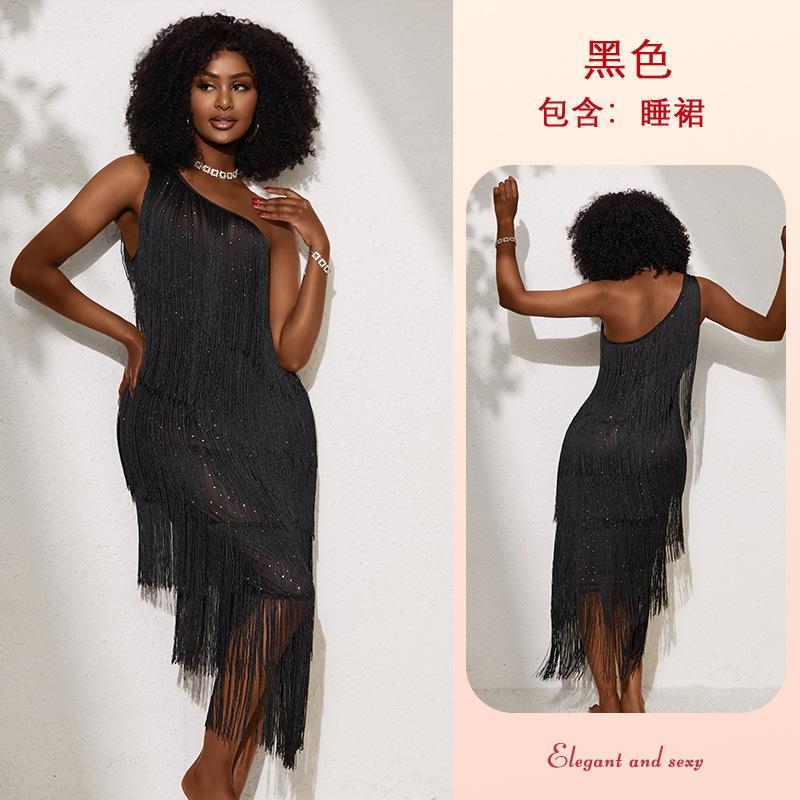 European and American single shoulder slanted shoulder sequined fringed dress women s mesh irregular medium and long dress 1233 S