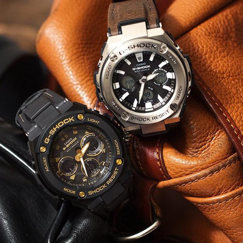Casio CASIOG-STEEL series-W Disc Dual Display Metal Texture Solar Power Six-station Radio Wave Solar Quartz Movement Resin Leather GST-W300GL-1APR