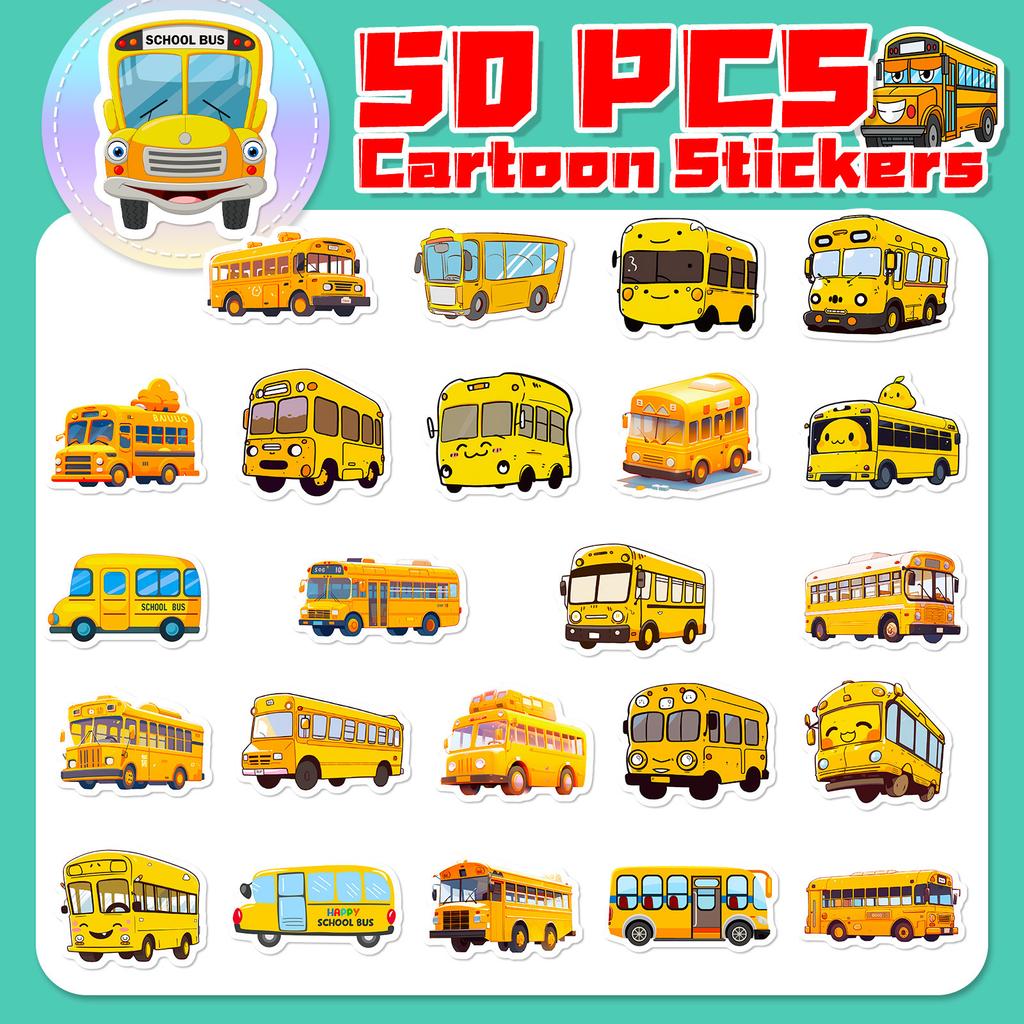 50 Cartoon School Bus Stickers Creative Cartoon Cute Yellow School Bus Bus Doodle Stickers Student Children