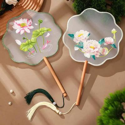 Chinese Style Long-Handled Tassel Fan, Ancient Style Round Fan, Women's Hanfu Qipao Embroidery Fan, Student and Children's Creative Dance Fan