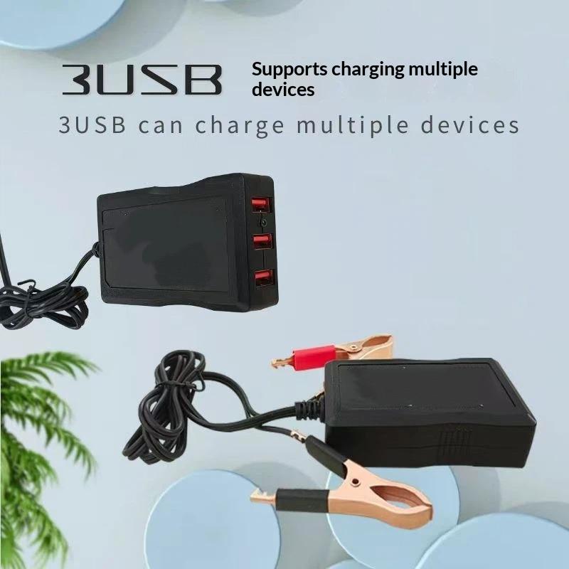 1Pcs 12V 24V To 5V Emergency Power Usb Adapter With 3Usb Ports And Battery Clip For High-Efficient Phone Charging
