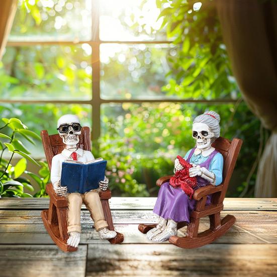Yousheng 2 Pcs Halloween Rocking Chair Skeleton Elderly Statues Small Reading Knitting Skeleton Figurine Resin Craft for Courtyard Lawn Porch Decor