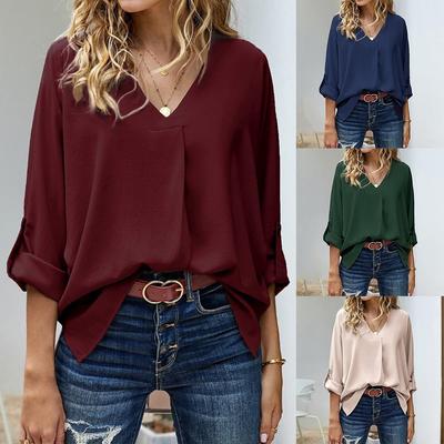 2023 Plus Size Women's Loose V-Neck Long Sleeve Shirt JR921