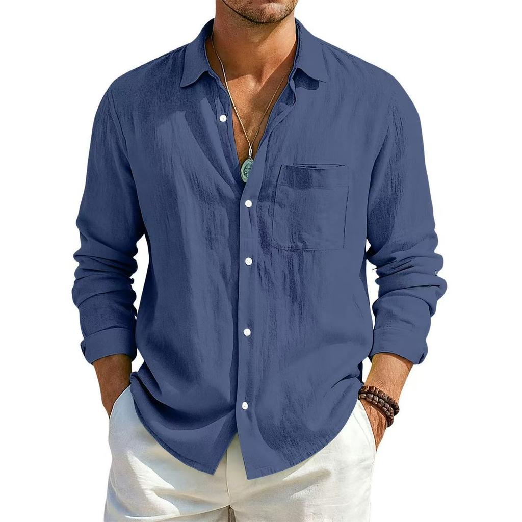 Camicia Estiva da Uomo a Maniche Lunghe Tinta Unita Larga in Cotone e Lino con Tasche Estiva Traspirante Moda Casual Camicie per Uomo