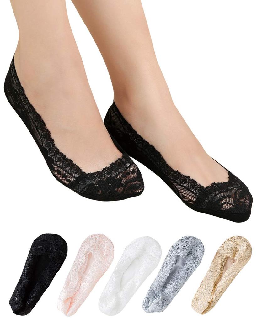 Lino Ulu Foot Set of Foot Stylish Lace Perfect for Pumps 5-Pair Covers, Non-Slip Women's Socks, Socks, Cute, Low-Profile, Thin, Non-Slip, (5 Colors,