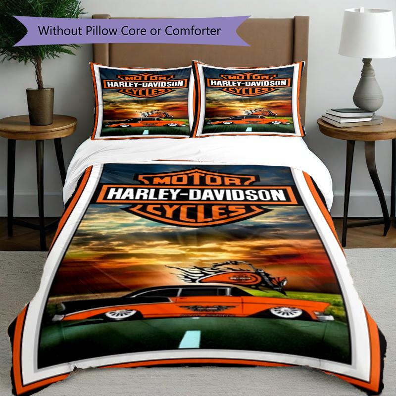 3pcs Duvet Cover Set (1*Duvet Cover + 2*Pillowcase, Without Core), Harley Davidson Print Bedding Set, Bedroom Decor, All‑Season, Gift
