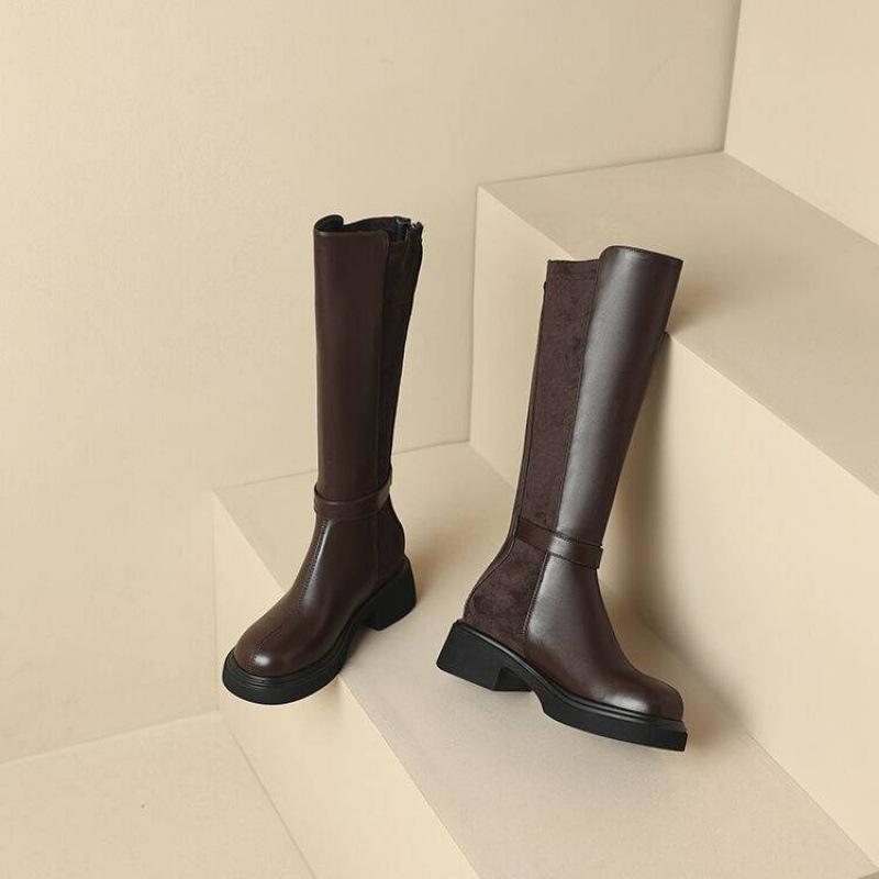 Autumn and Winter Women's Leather High Boots Thick-soled Non-slip Large-size Women's Boots Square Heel Comfortable Rear Zipper New Martin Boots