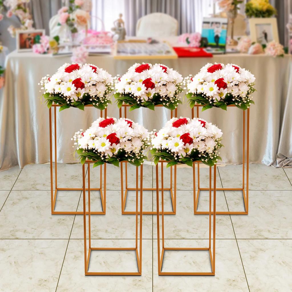 5-Piece Set 60cm Wedding Flower Stands Gold Geometric Iron Aisle Markers Removable Square T-Stage Decor for Elegant Celebrations