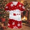 Women's Christmas Print V-Neck Short Sleeve Work Shirt with Pockets Caregiver Uniform Top