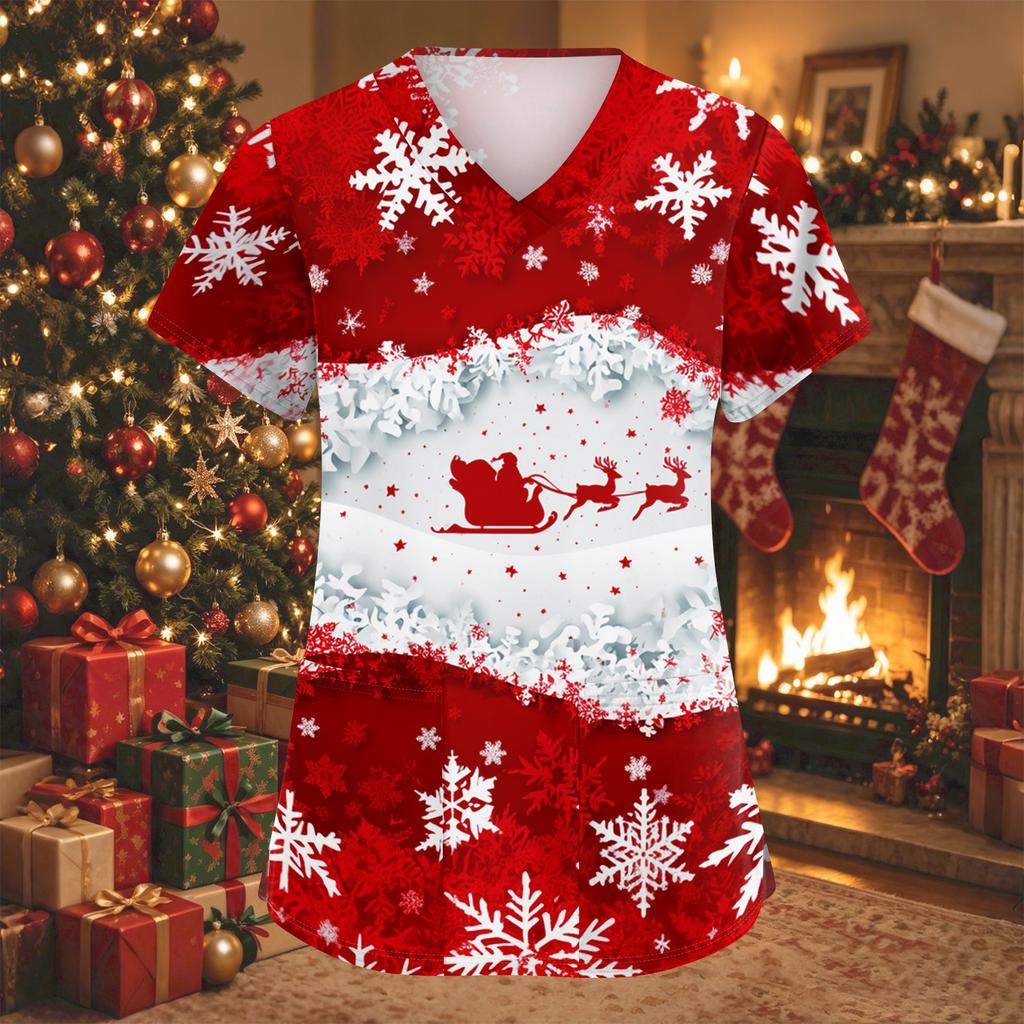 Women's Christmas Print V-Neck Short Sleeve Work Shirt with Pockets Caregiver Uniform Top