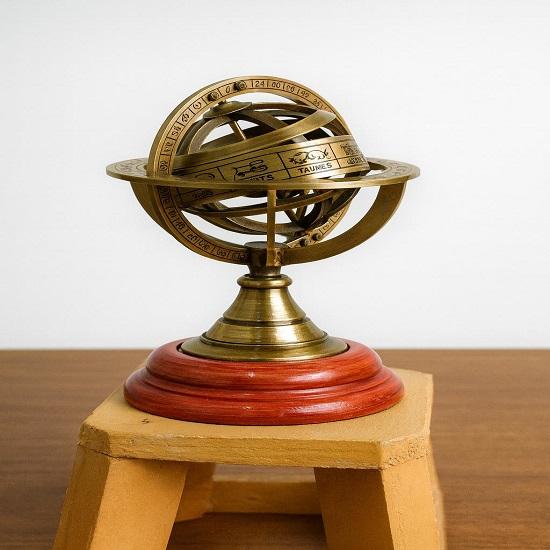 12.7 cm Brass Armillary Sphere Globe on Wooden Base Nautical Desk Decor