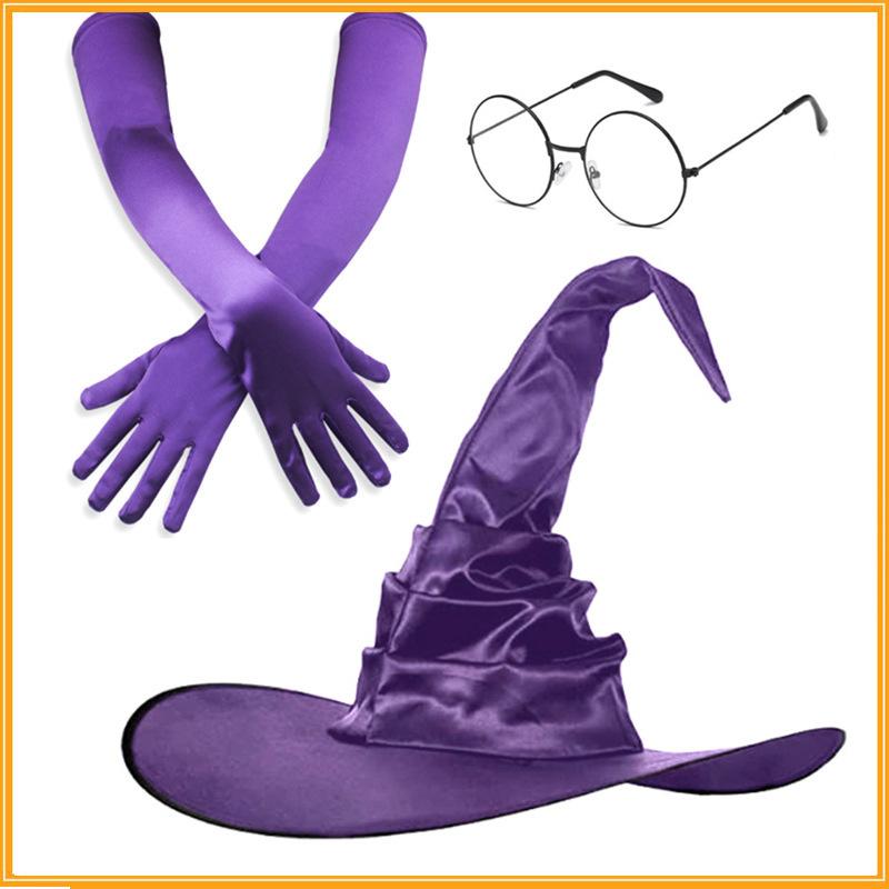 

Halloween Green Witch Costume Set With Claw Gloves Striped Socks Wizard Hat Cloak And Round Glasses For Party Cosplay
