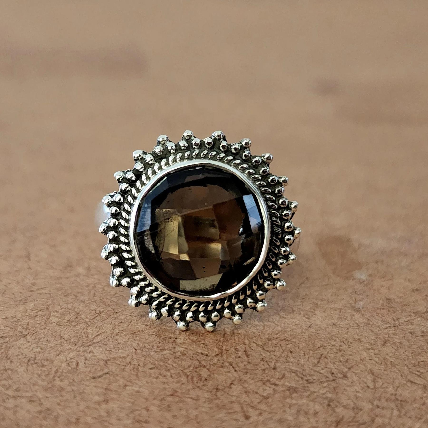 

Round Rose Cut Smoky Quartz 925 Sterling Silver Ring Jewelry, Native Style Boho Smoky Gemstone Ring 5