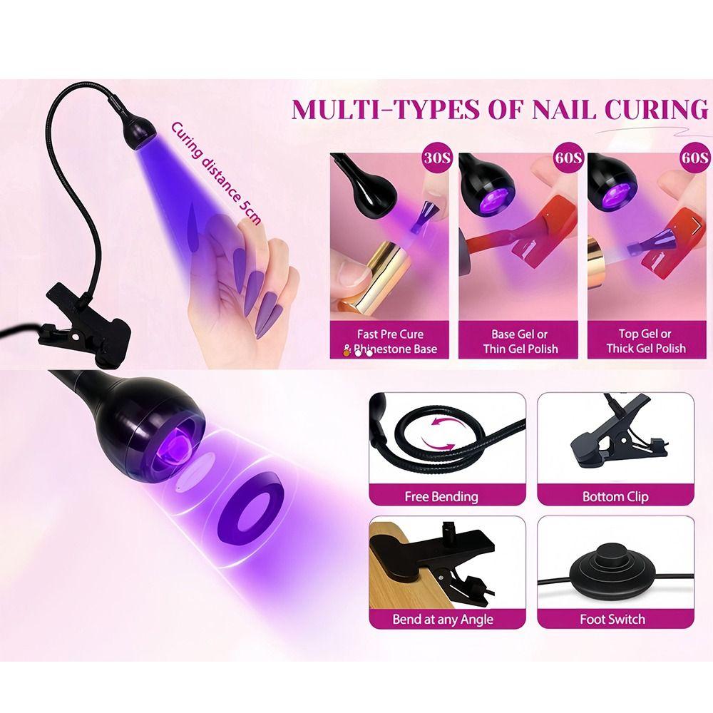 5W Power UV LED Nail Lamp Clip-On Foot Pedal Switch Desktop Nail Dryer Flash Curing Desktop Clamp Gel Polish Curing Lamp