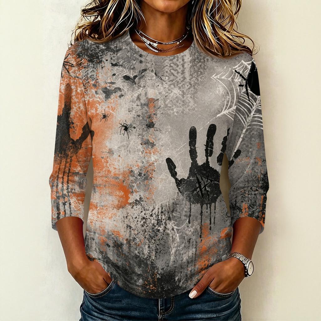 Women's Casual Round Neck Three Quarter Sleeve Halloween Print T Shirt Top Lightweight Comfortable Fit for Daily Wear